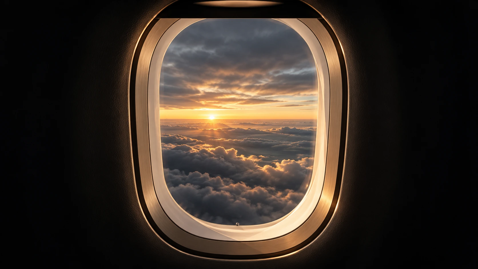 Warm light through a champagne-trimmed private aircraft window